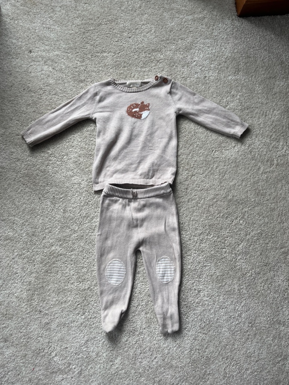 Elegant Baby Neutral Knit Baby Footie Set with Fox Accent in Light Beige Sz. 6-9